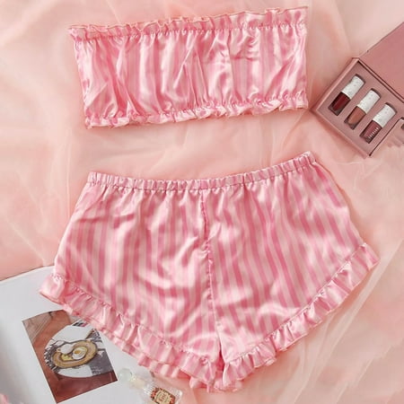 

QWERTYU Women s Strapless Crop Top and Shorts Sets Striped Lounge Nightwear Ruffle Silk Pj Set Pajamas Set Two-Piece Sleepwear Pink XL