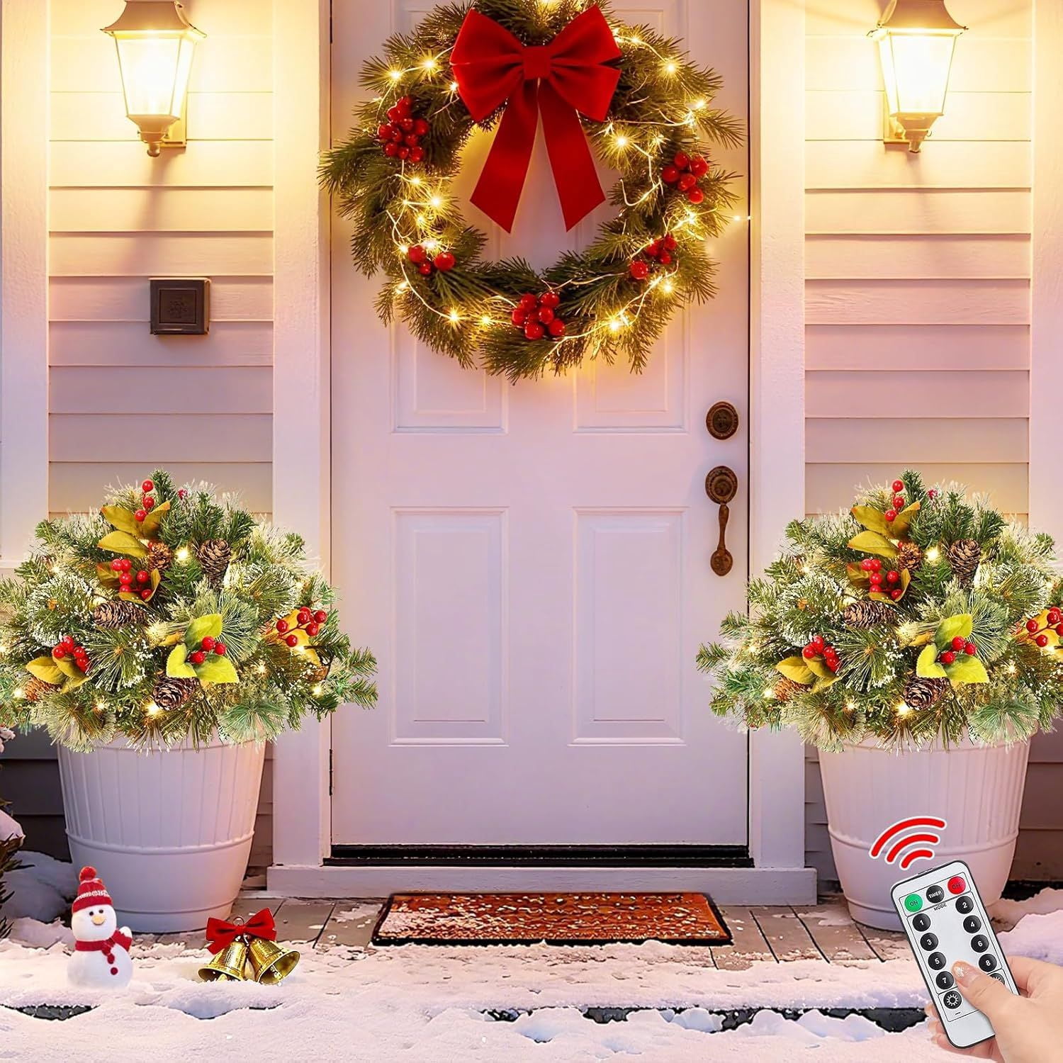 20 Inch Christmas Hanging Basket Decorations with 30LED Warm White & Multicolored Light, Remote Control, 8 Mode, Timer, Lifelike Scots Pine Bristles Hanging Christmas Decor