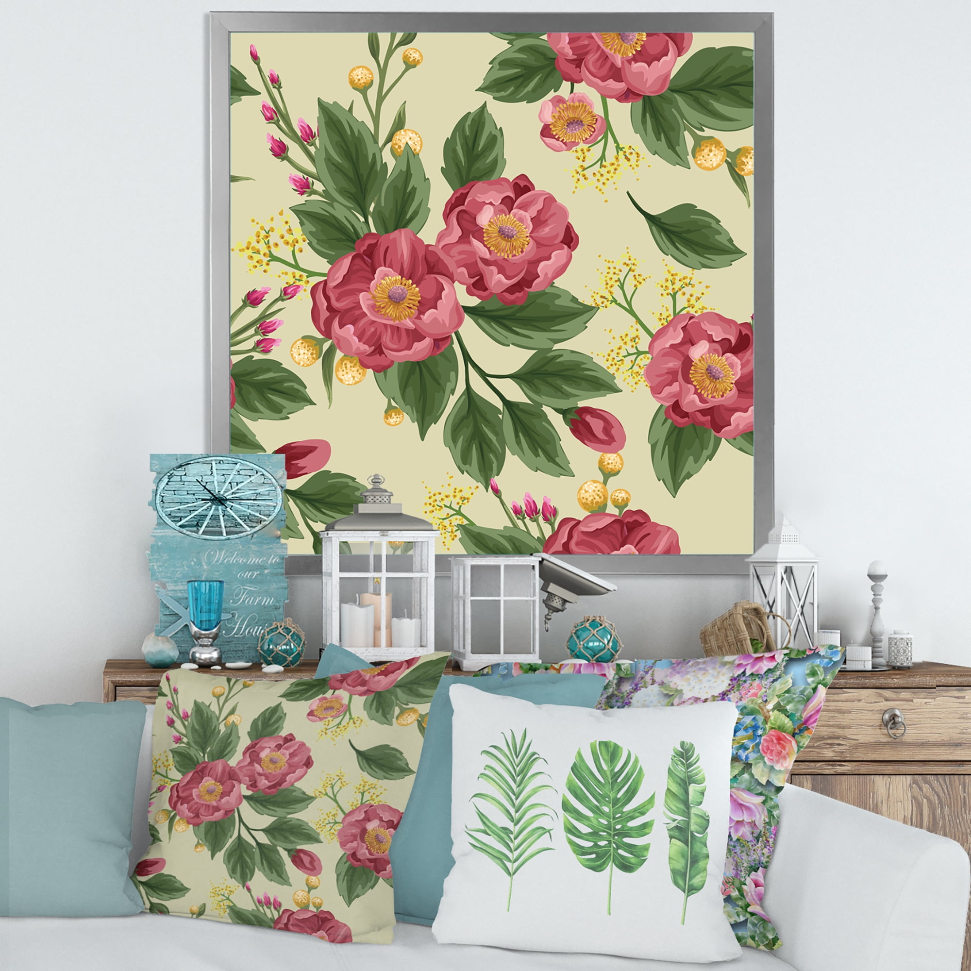 Designart 'Vintage Sweet Peas and Peonies On Beige' Traditional Framed Art Print