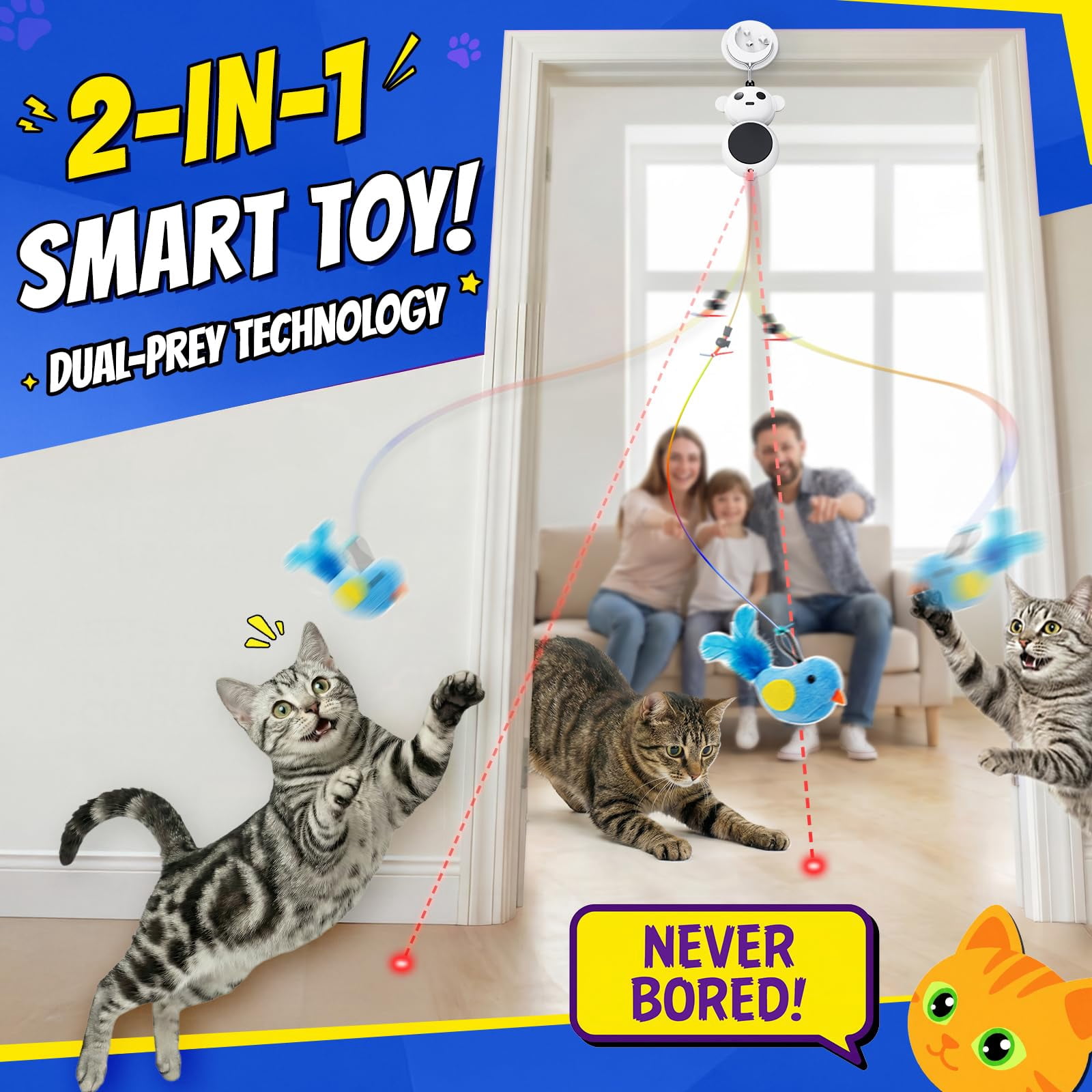 Interactive Cat Toys For Indoor Cats - 2 In 1 Automatic With Flying Bird Smart Moving Wand 2 Modes  Auto On/off Hanging Safe Bored Kitten & Adult (green)