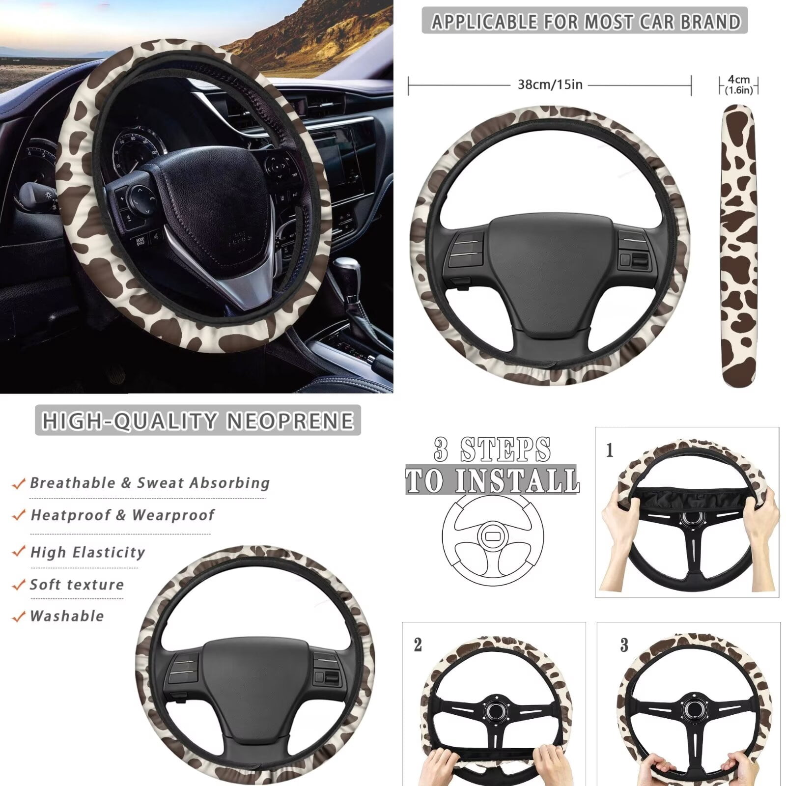 FKELYI 16-Piece Car Interior Set Auto Seat Covers with Steering Wheel Covers Brown Cow Print Seat Belt Pads Headrest Covers Hanbrake Cover Gear Shift Cover Armrest Pad Coasters