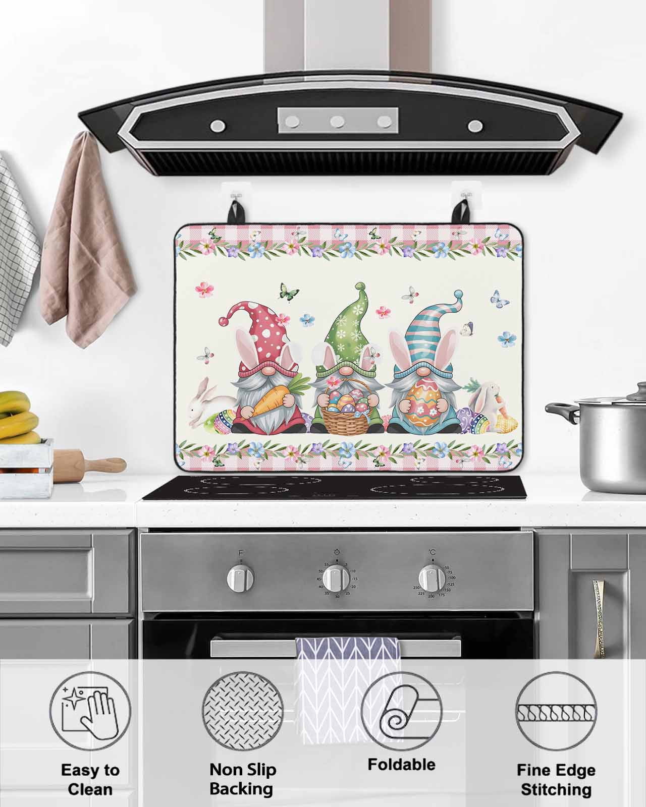 Large Induction Cooktop Protector Mat Happy Easter Stove Top Covers for Electric Stove, Funny Gnomes Rabbits Colorful Eggs Plaid Decorative Stove Burner Cover Mats, Glass Top Stove Cover