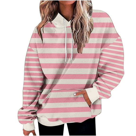 DeHolifer Sweatshirts for Women Oversized Drawstring Long Sleeve Strip Print Loose Hoodies Sweatshirts with Pockets Pink 2XL