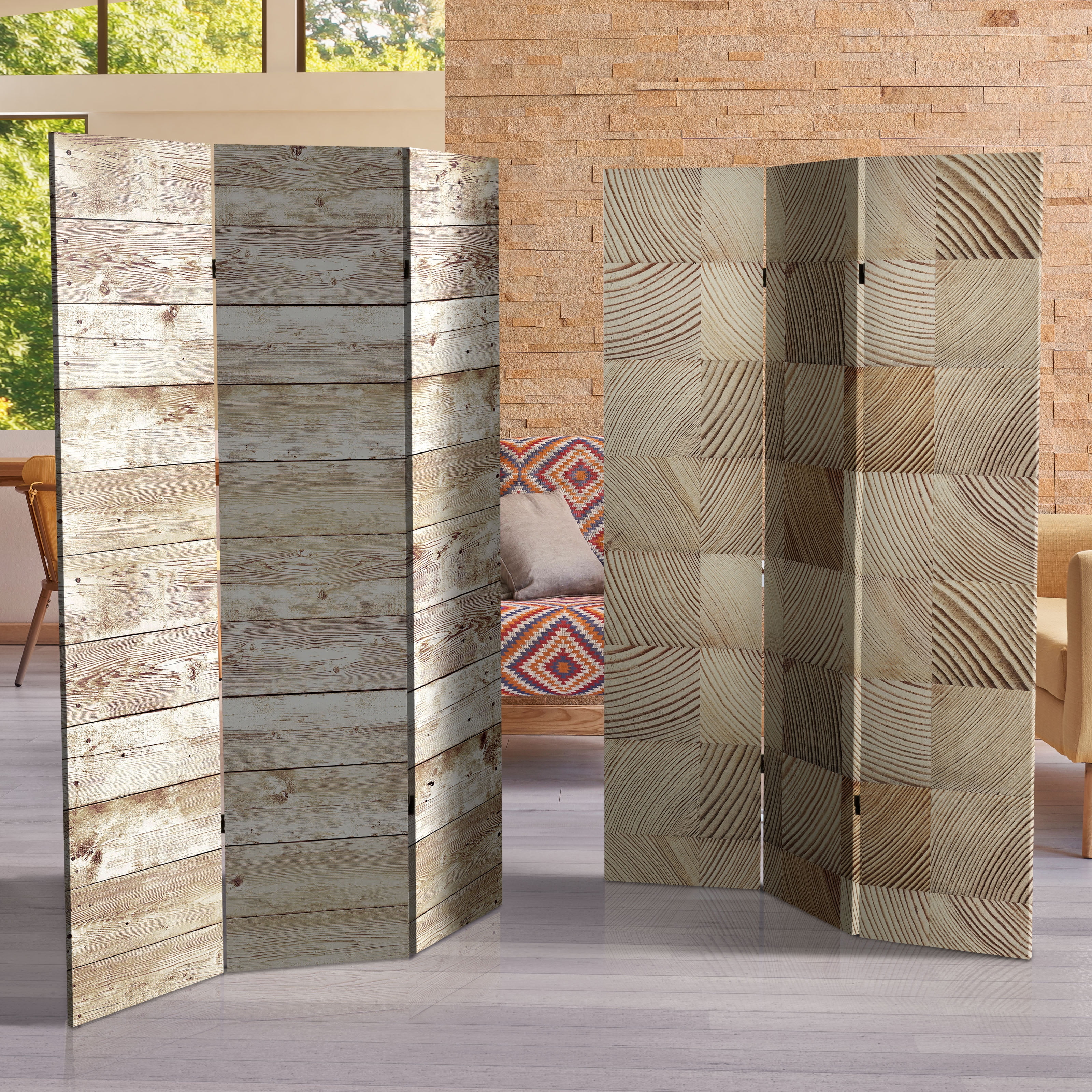 Oriental Furniture 6 ft. Tall Pale Wood Pattern Canvas Room Divider - 3 Panel