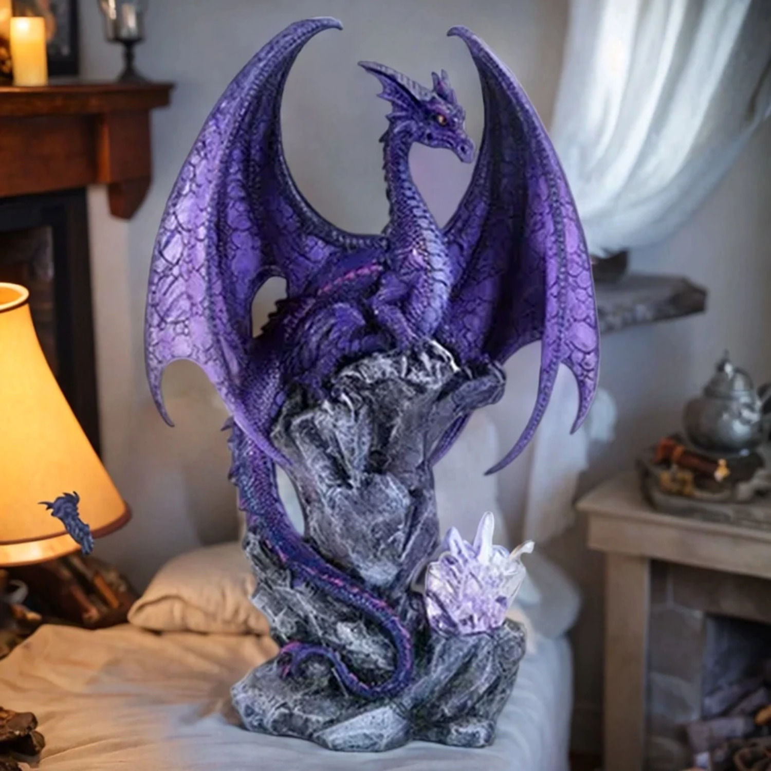 Large Winged Purple Dragon with LED Light Purple Crystal Rock 18