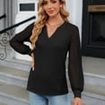 thumbnail image 4 of Defitshape Women's Long Sleeve Blouse Illusion Sheer Sleeve Shirt Fall Cotton Bishop Sleeve Fashion V-Neck Top Black Medium, 4 of 4