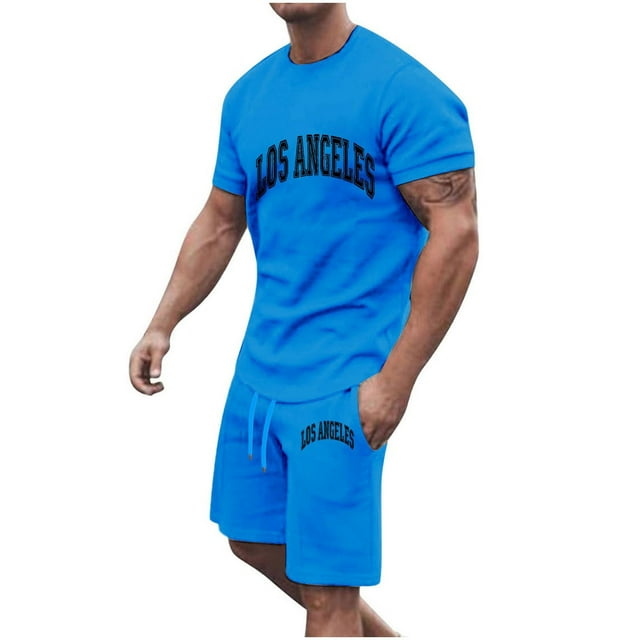 Conjunto de Sudadores de Hombres Impresión Casual Deportes de Manga Corta Cuello Redondo, Traje de Deporte de 2 Piezas con Pantalones de Corredores de Cintura Elástica
