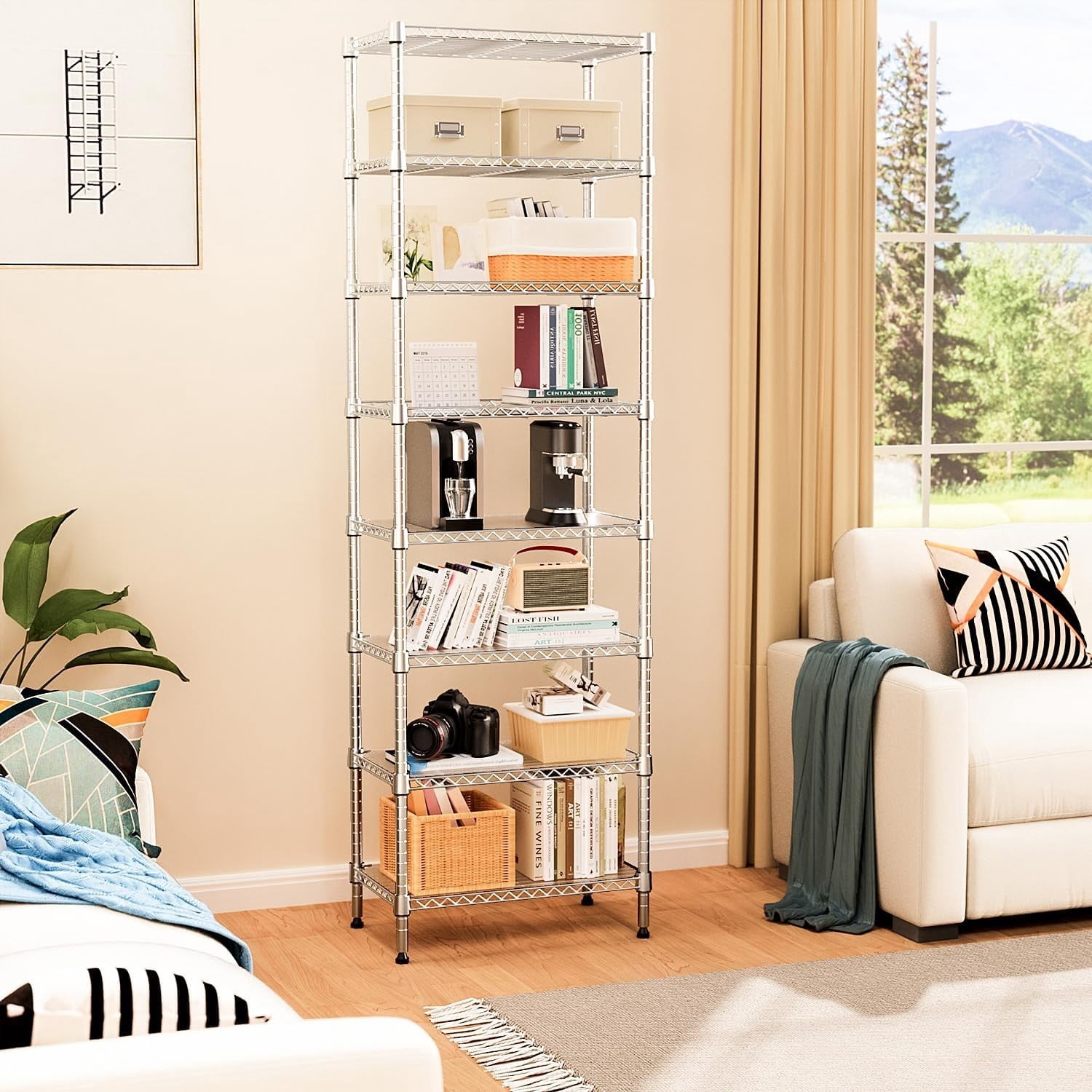 M MZG 8-Tier Metal Wire Shelf, Height Adjustable, 13.8"D x 23.6"W x 79.5"H, Silver