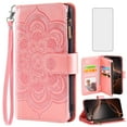 thumbnail image 4 of Compatible with iPhone 16 Pro 6.3 inch Wallet Phone Case and Tempered Glass Screen Protector Flower Faux Leather Flip Credit Card Holder Stand Zipper Cell Cover for i Phone16 i16 16Pro Women Pink, 4 of 9