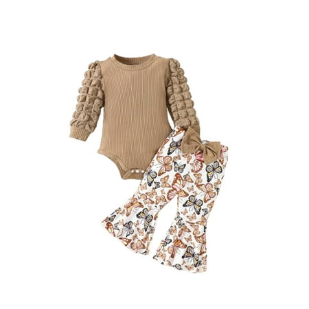 

Binshrliy 3pcs Baby Girl Spring Outfits Pants Set Newborn Long Sleeve Romper Tops + Butterfly Print Flare Trousers + Hairband 3M 6M 12M 18M Infant Fall Casual Clothes