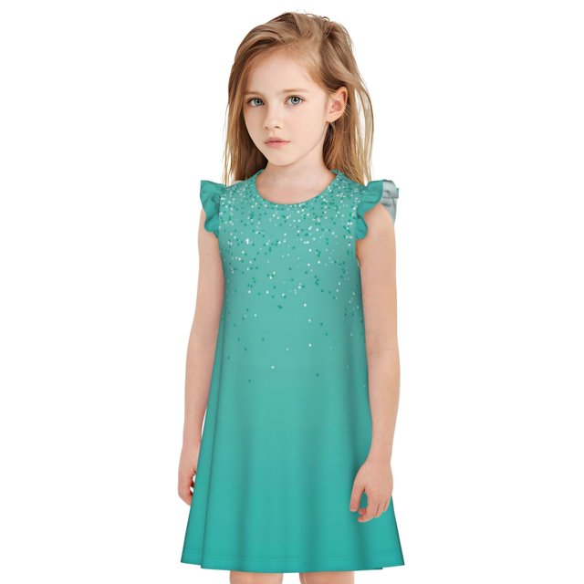 Fotbe Turquoise Glitter Vestido de Dormir para Niñas de 3 a 10 Años, Mangas Cortas, Estilo Princesa, Pijama Camisón con Mangas Voladas-XX-Large