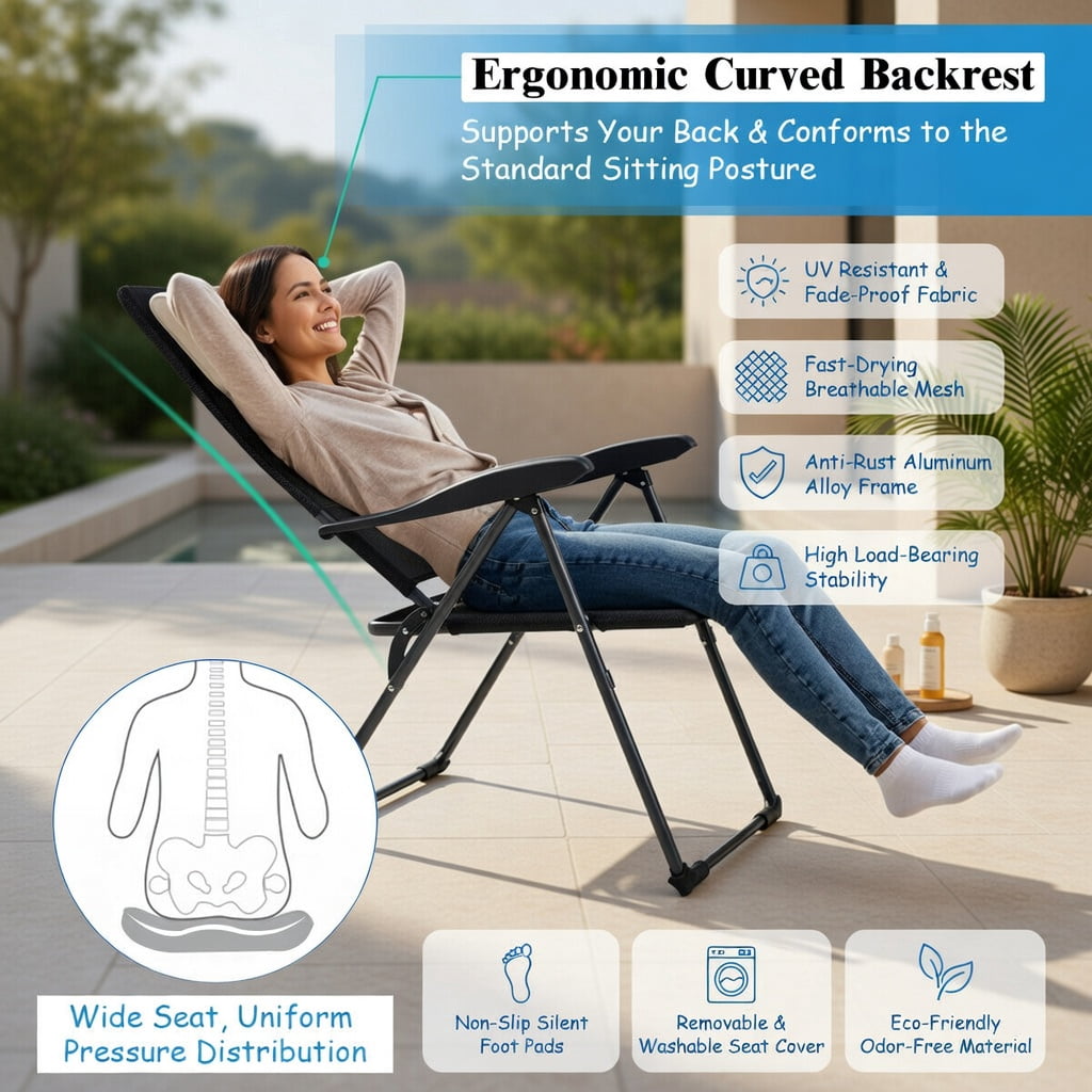 Hommoo 2-Pack Foldable Outdoor Patio Chairs with 7-Position Adjustable Backrest, Heavy-Duty Steel Frame, Breathable Oxford Fabric, for Backyard, Bistro, Pool & Camping, Black