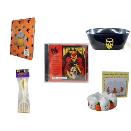 Halloween Fun Gift Bundle [5 Piece] -  Ghost Pumpkin Push In 5 Piece Head Arms Legs - Black With Skeleton Oval Party Tub - Haunted Horror Sounds CD - Skeleton Server  -  Ceramic Ghost Head Candy Dis