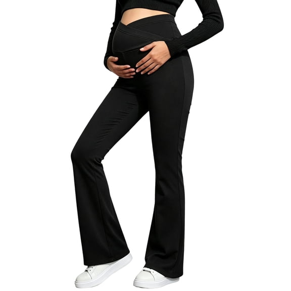 Women Maternity Flared Leggings Over The Belly Stretchy Pregnancy Yoga Trousers for Workout Activewear Black L