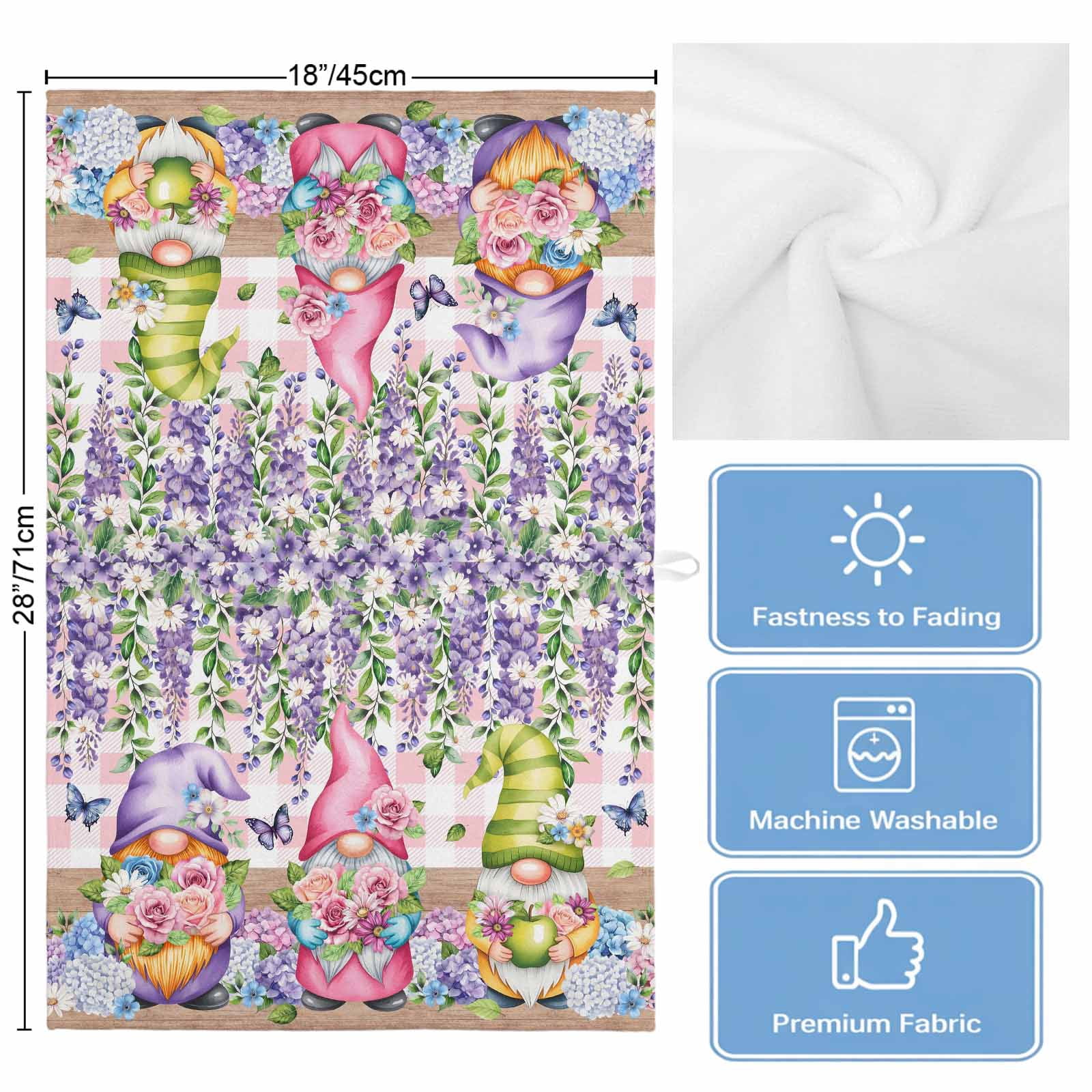 Blue Purple Gnomes Kitchen Towels Set of 3, Water Absorbent Dish Towel, Spring Hydrangea Flower Leaf Pink Plaid Decorative Hand Towels - Quick Drying Cloth for Cooking Baking, 18x28 Inch