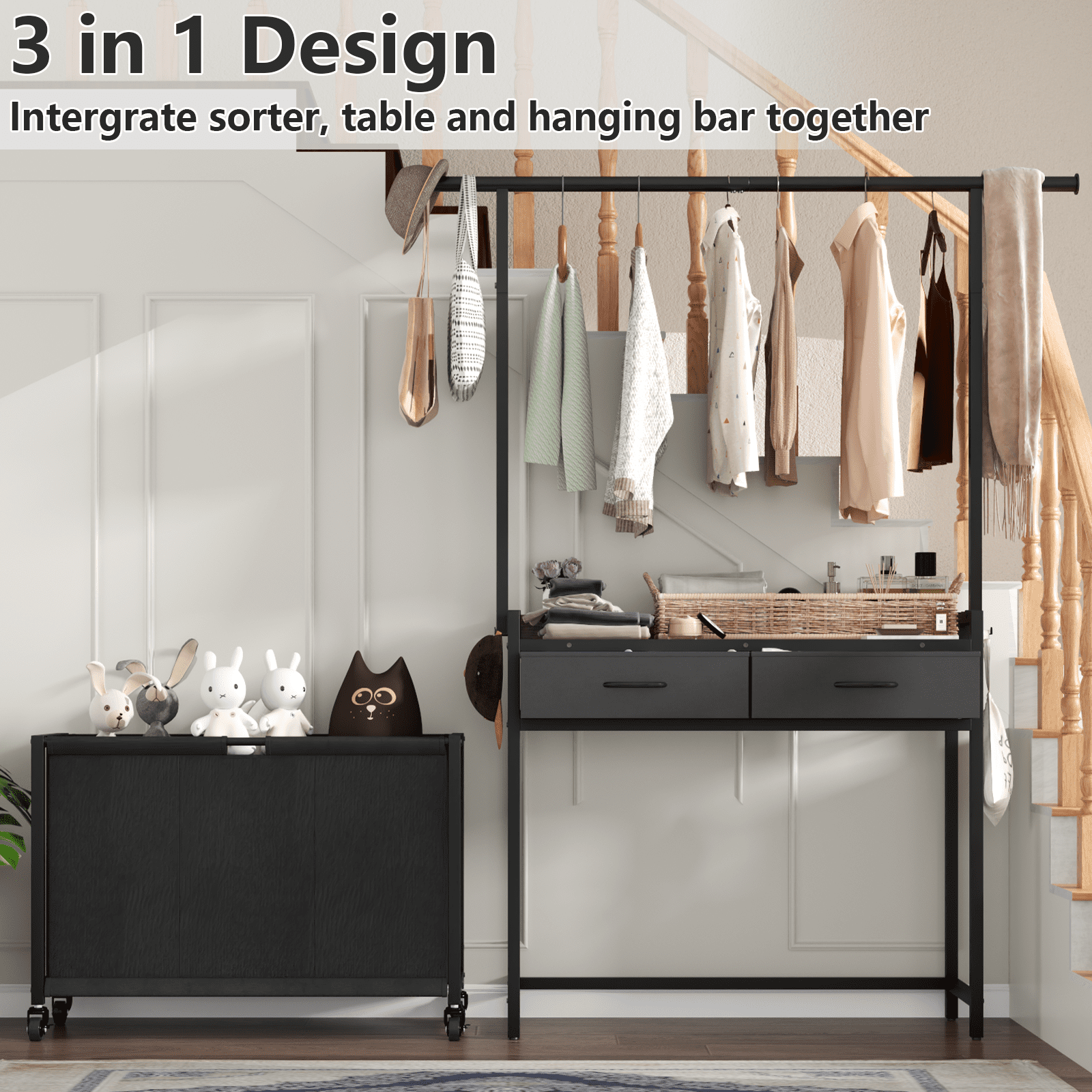 Laundry Sorter Hamper with Hanging Clothes Rack, 3-Section Rolling Laundry Basket with Pull-Out Bags and 2 Storage Drawers, Vintage Brown Laundry Organizer for Sorting & Folding