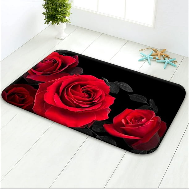 Black Bath Mat, Flower Bathroom Rugs, Red Bath Rugs, 24''''X16