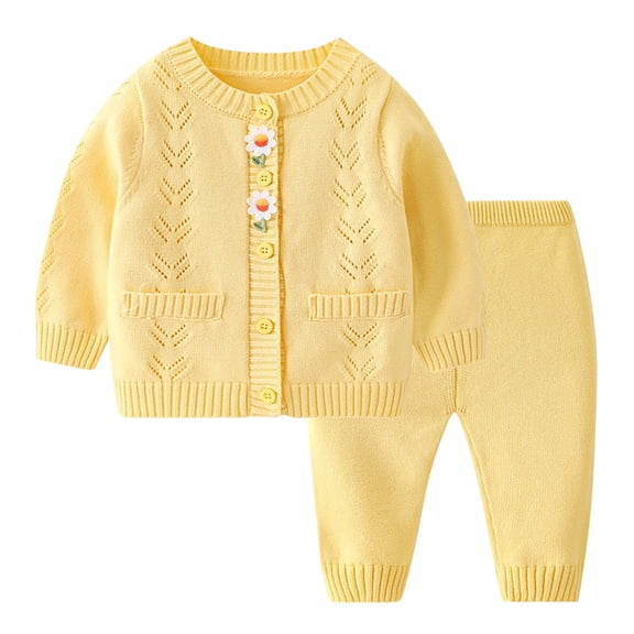 Odeerbi Kids Boys Girls Cotton Clothes Fall Winter Outfits Set Children's Casual Cute Flower Single Breasted Top Two-piece Set Long Sleeve Round Neck Shirt Set Yellow