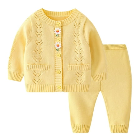 

Lovskoo 2M-3T Toddler Baby Knit Sweater Outfits Set Casual Cute Flower Two Piece Set Long Sleeved Round Neck Button Shirt Set Yellow