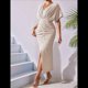 thumbnail image 5 of Vestido de Cóctel para Mujer, con Efecto Metalizado, Cruzado, Color Liso, Escote en V, Plisado, Abertura Alta, Corta, Midi, Color Albaricoque XL, 5 of 9