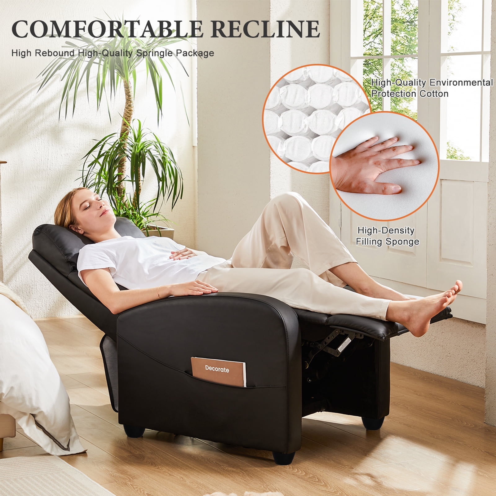 CONCETTA Vibration Massage Recliner Chair, 160° Reclining Small Sofa for Living Room & Home Theater, 275lbs Capacity, Relaxing Comfort, Black