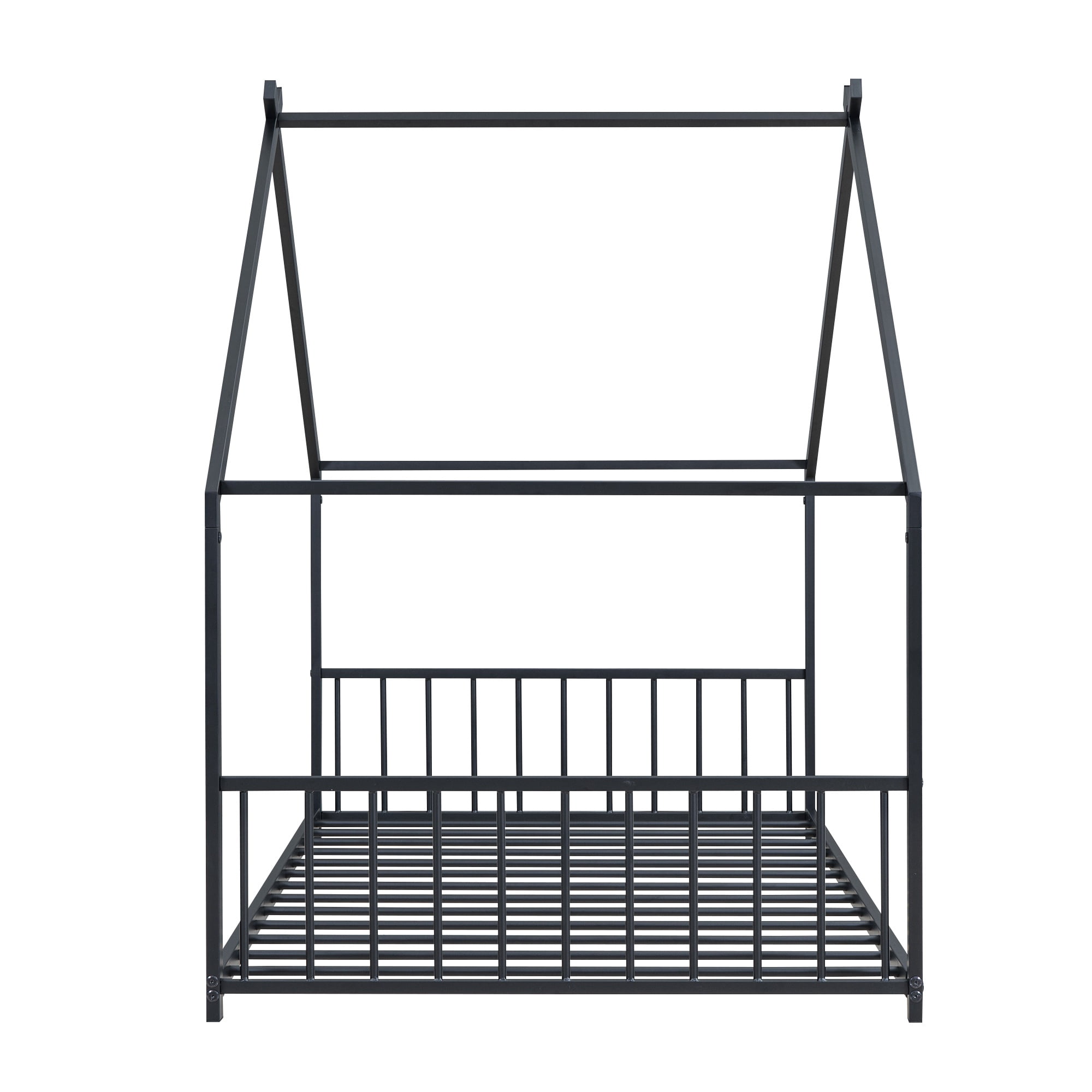 PORKISS Twin Size Floor Bed Frame, Metal Montessori Floor Bed with House Bed Featuring Roof, Modern Twin Platform Bed for Kids Boys Girls, No Box Spring Needed, Black