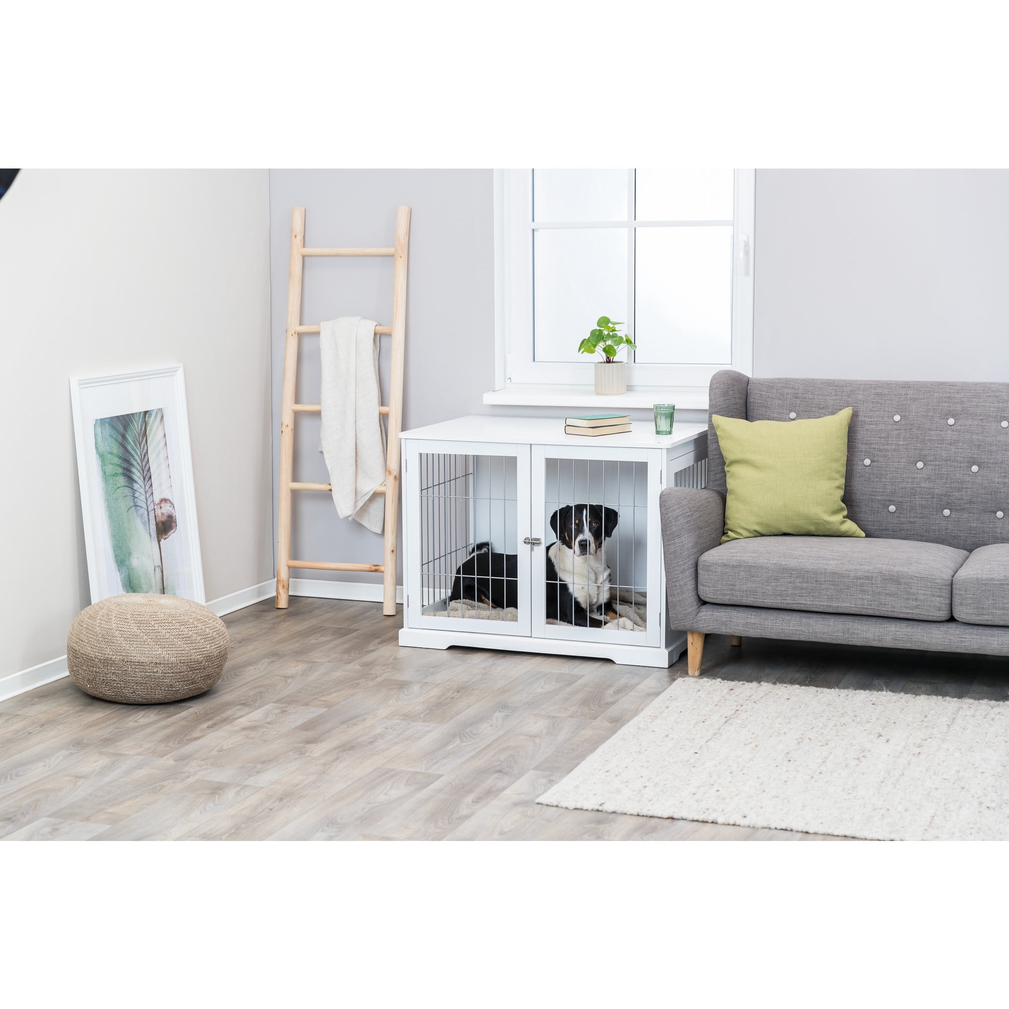 TRIXIE 38.7" Dog Crate, Wooden Indoor Kennel Furniture for Large Dogs Up to 66 lb, White
