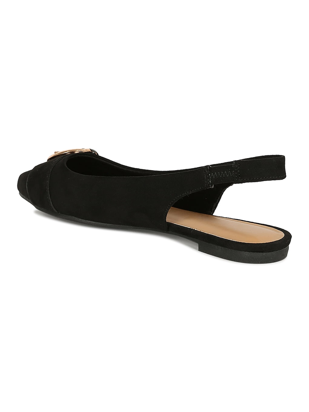 Women Faux Suede Round Buckle Pointy Toe Slingback Flats