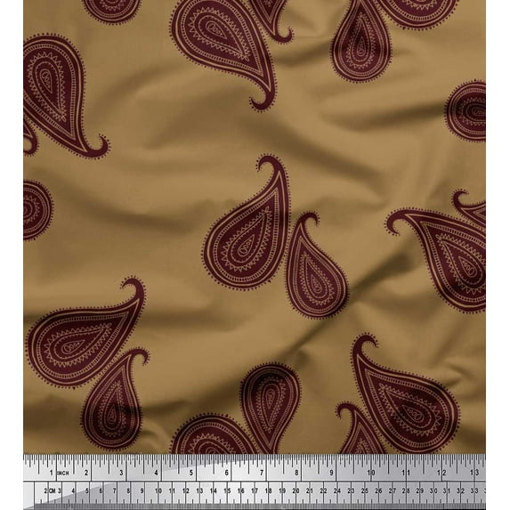 Soimoi Brown Cotton Duck Fabric Maroon Paisley Decor Fabric Printed Yard 56 Inch Wide