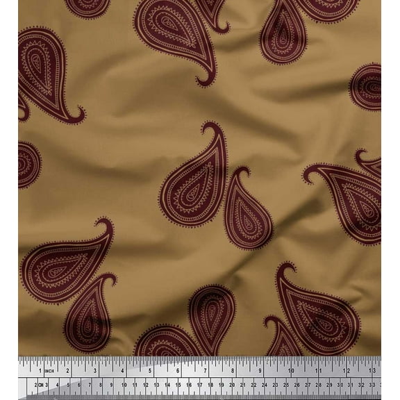 Soimoi Brown Cotton Duck Fabric Maroon Paisley Printed Craft Fabric by the Yard 42 Inch Wide