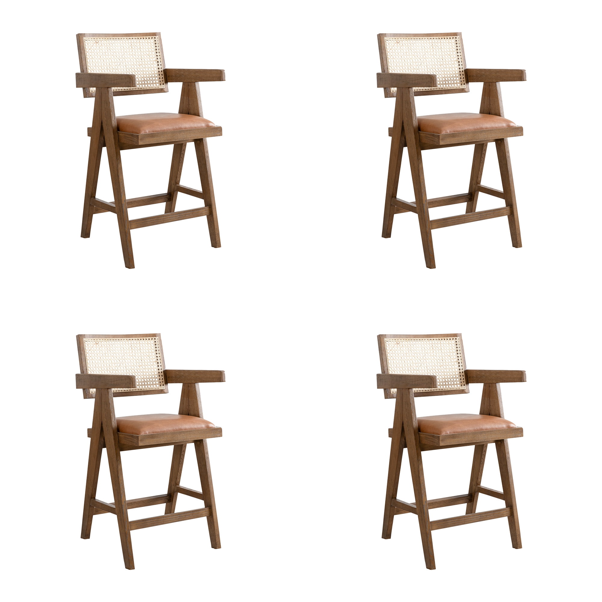 Harley Nutmeg Brown Solid Wood and Rattan Upholstered 26" Counter Height Barstool with Red/Brown Faux Leather Seat - Set of 4