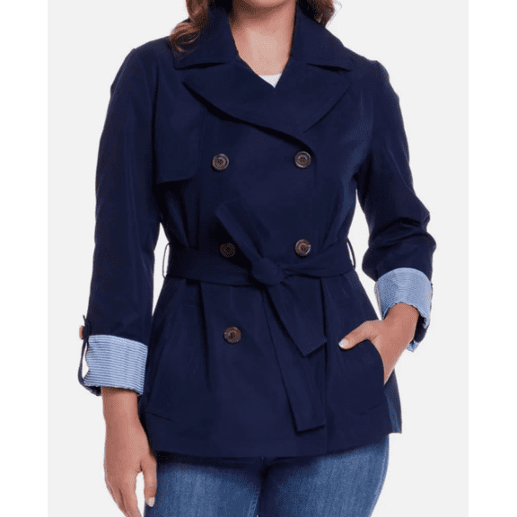 Weatherproof Women's Lightweight Double Breasted Tie Waist Trench Coat, Navy Medium