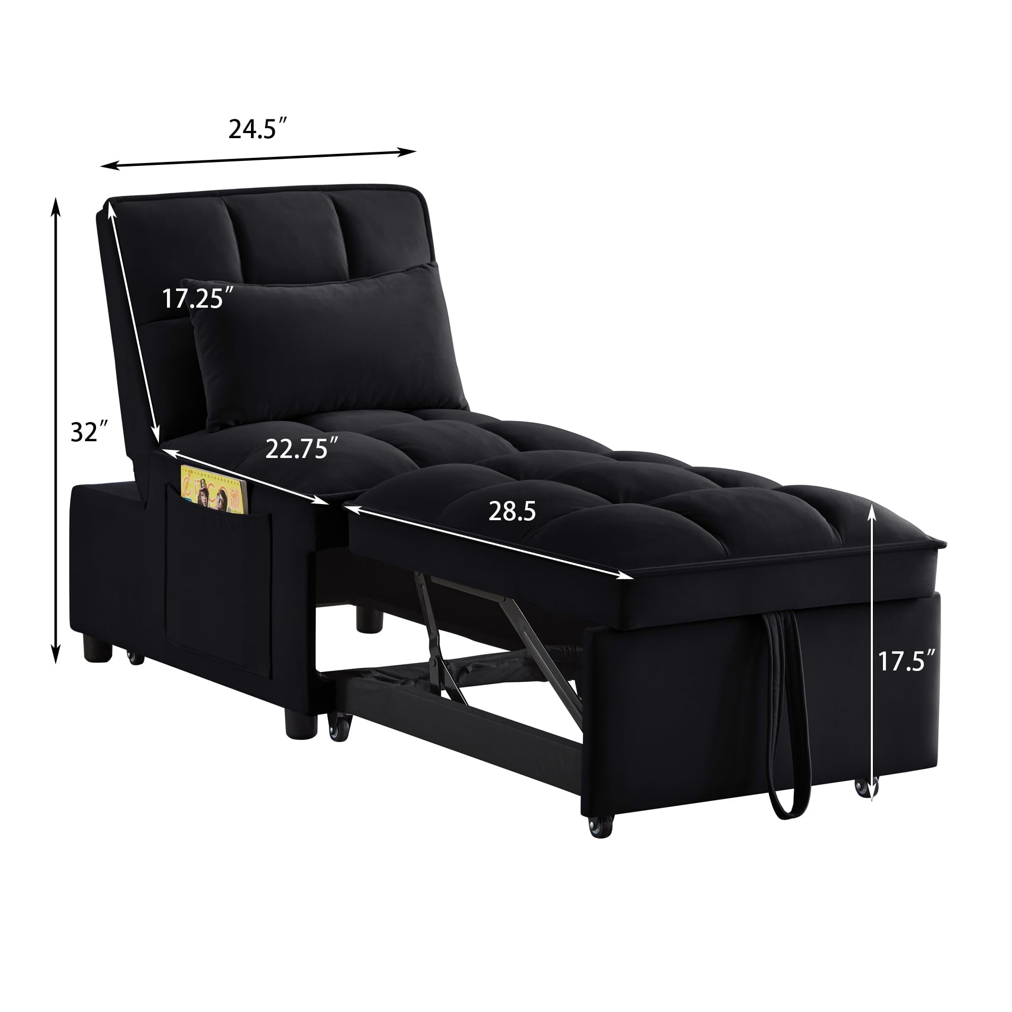 ODUWA 4-in-1 Convertible Sleeper Chair, Pull-Out Sofa Bed with Adjustable Backrest, Ottoman & Recliner, Velvet Upholstery, Black