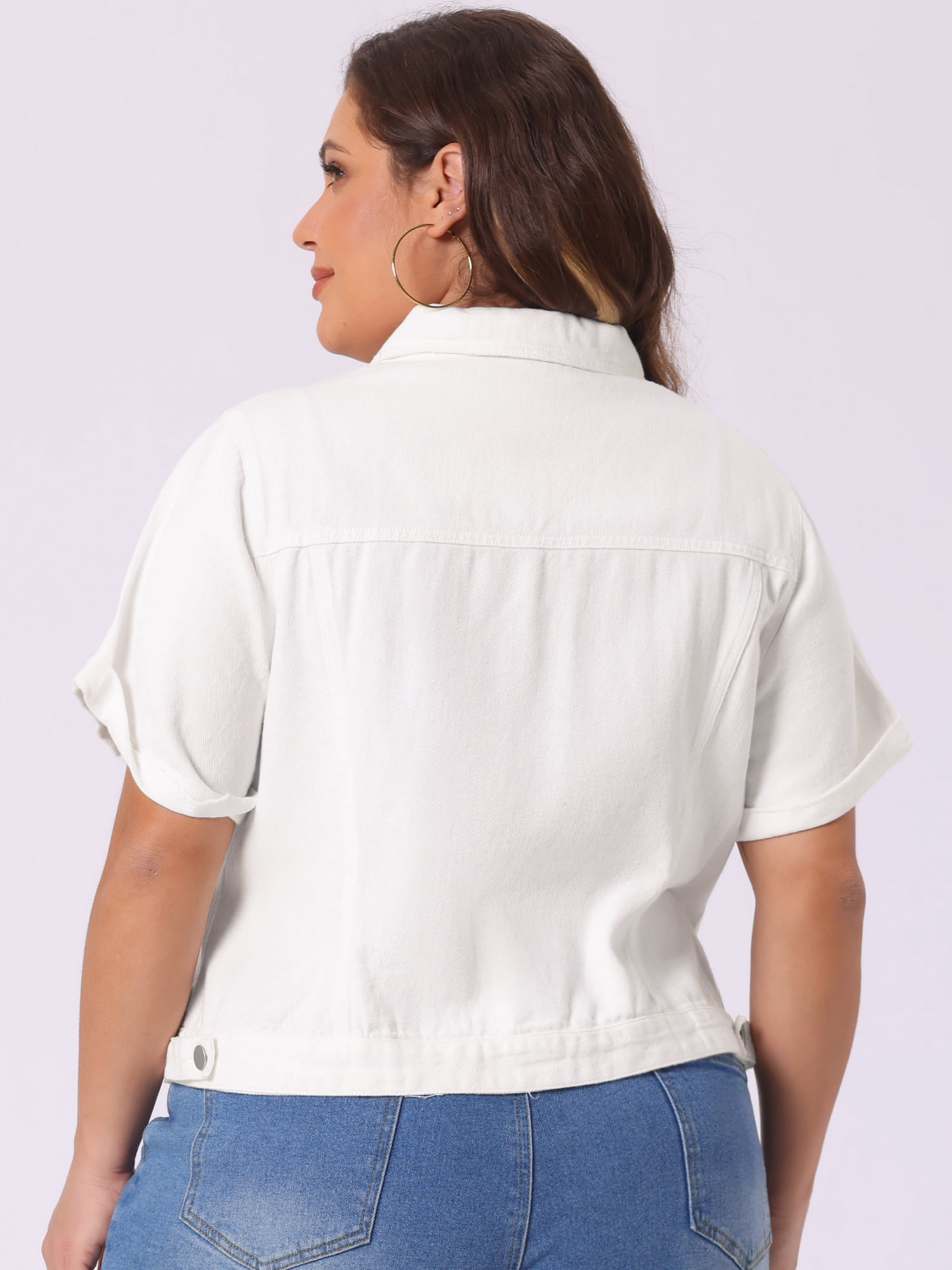 DARING DIVA Women's Plus Size Short Sleeve Lapel Button Denim Jacket 4X White