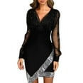 thumbnail image 1 of Gureui Sexy Women Sequin One Piece Dress, Sheer Long Sleeve Deep V Neck Dress, 1 of 9