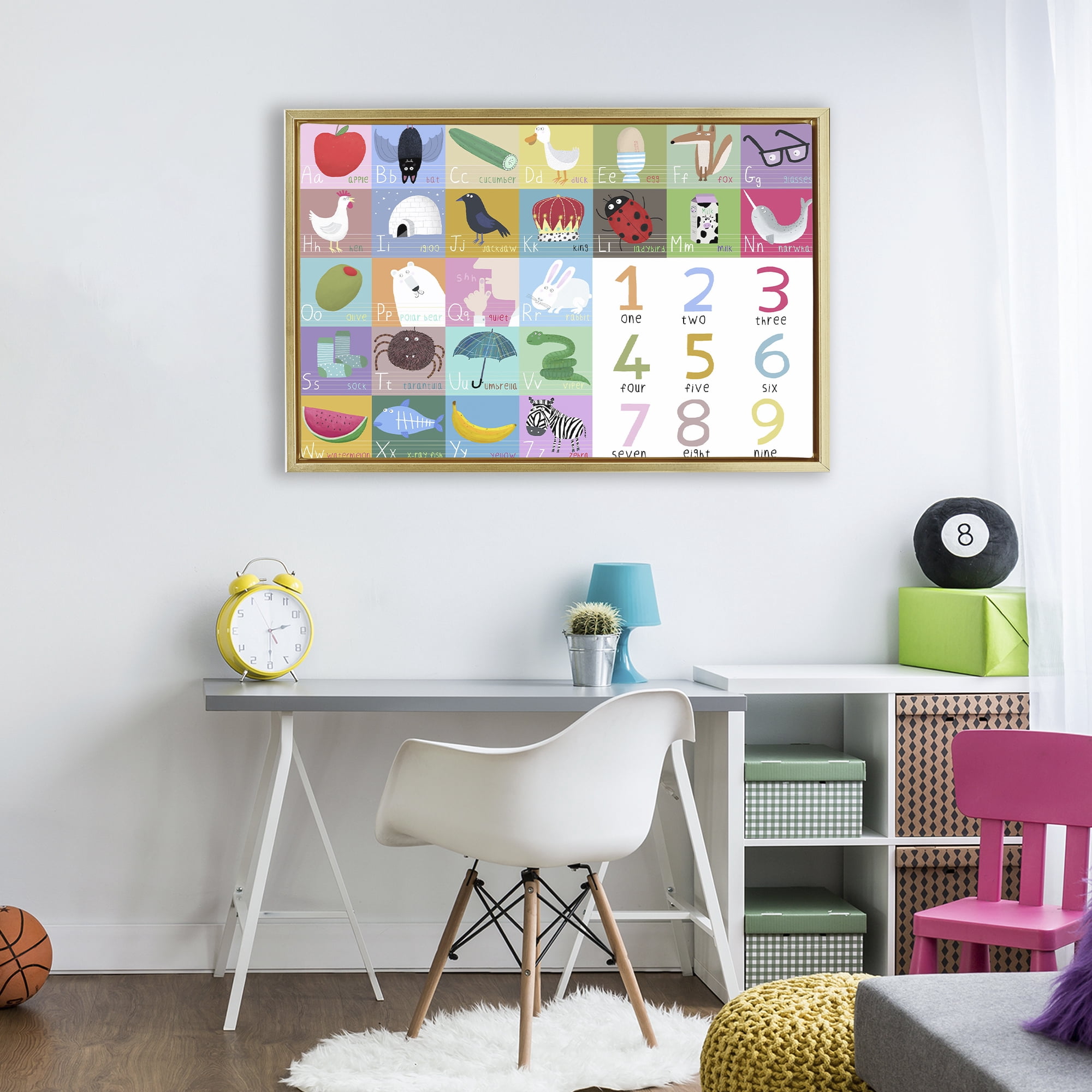 Stupell Industries Alphabet & Numbers First Words Gold Framed Floater Canvas Wall Art, design by Carla Daly