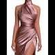 thumbnail image 2 of Vestido de Dama de con Cuello Halter y Abertura, Vestido de Fiesta de Satén, Vestido de Noche Formal de Sirena Plisado Colorante para Pasta de Frijoles M, 2 of 8