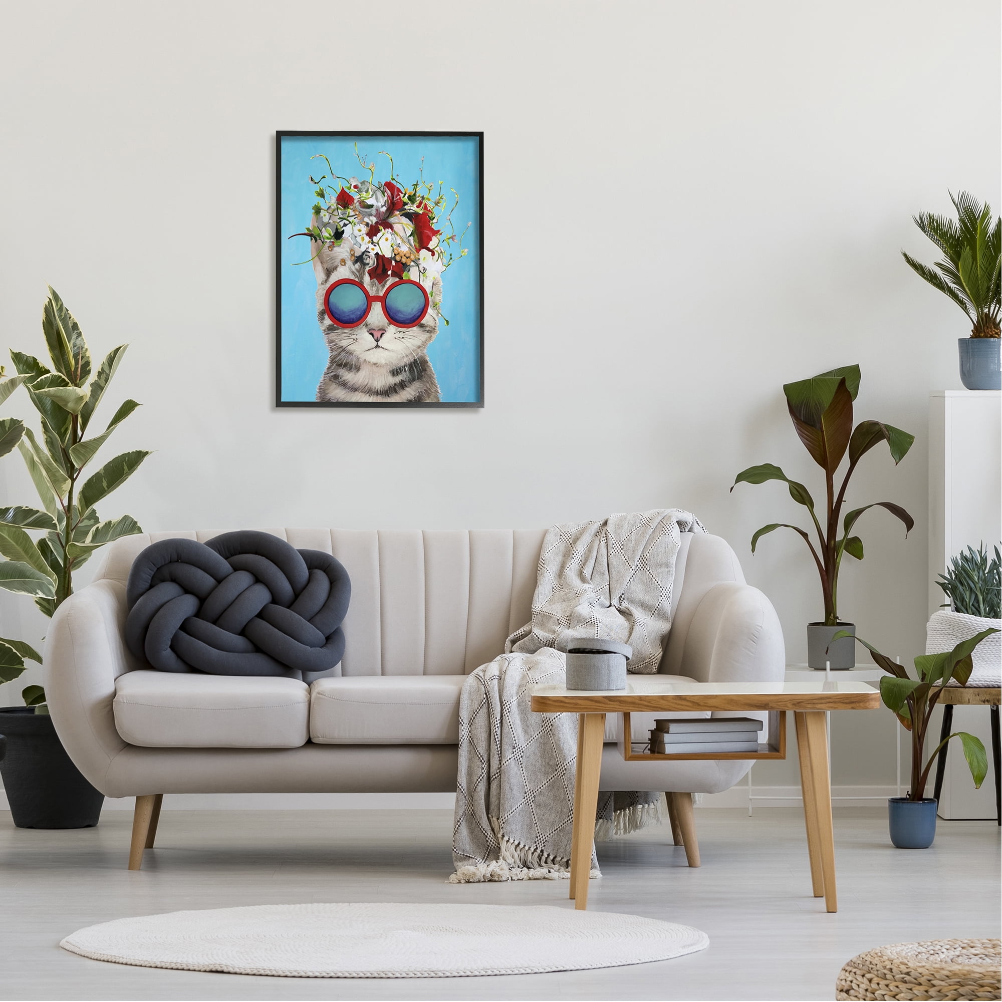 Fun de Cat Paintings by Art Industries Art, Background Framed Wearing Bold Print Cute Flowery Blue 24x30, Stupell Black Wall Sunglasses Coco Paris