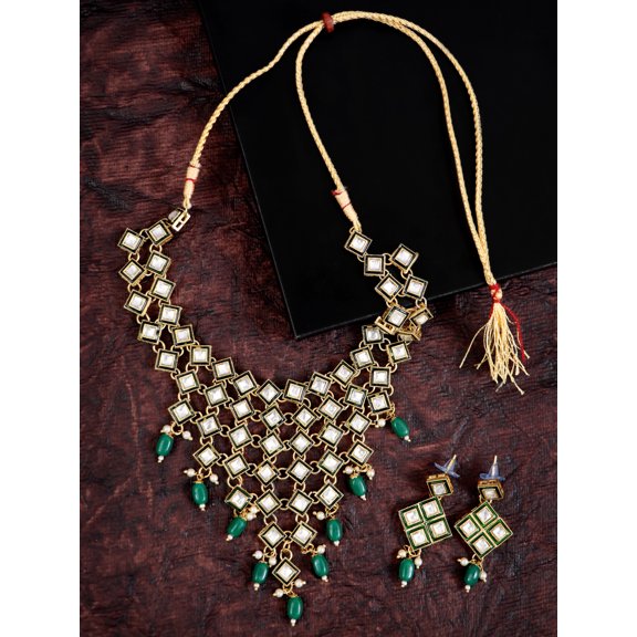 Traditional Gold-plated Kundan Green Stone & Pearl Work Necklace With Earring Set
