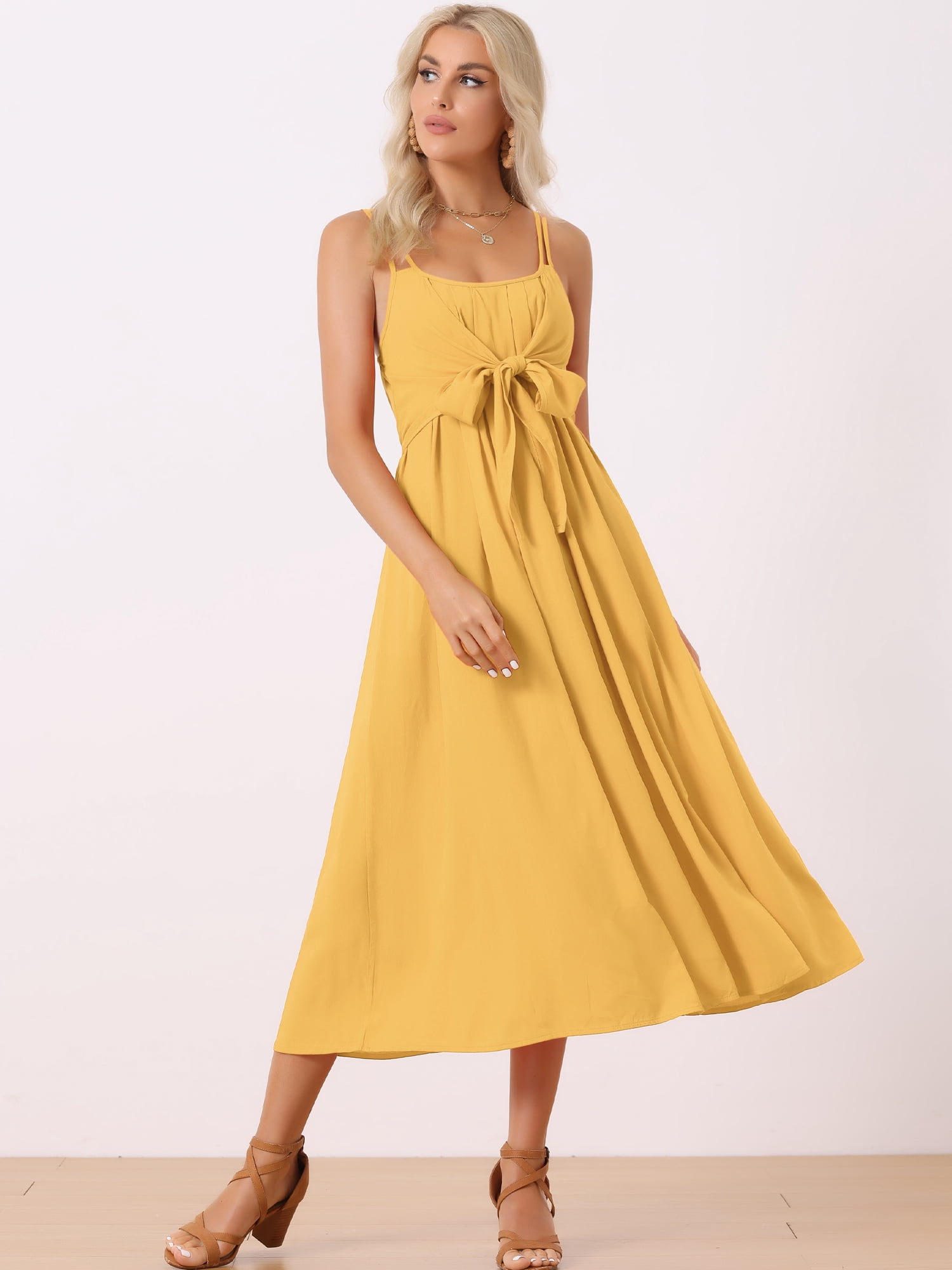 DARING DIVA Women's Boho Midi Dress Spaghetti Straps Sleeveless Vacation Beach S Yellow