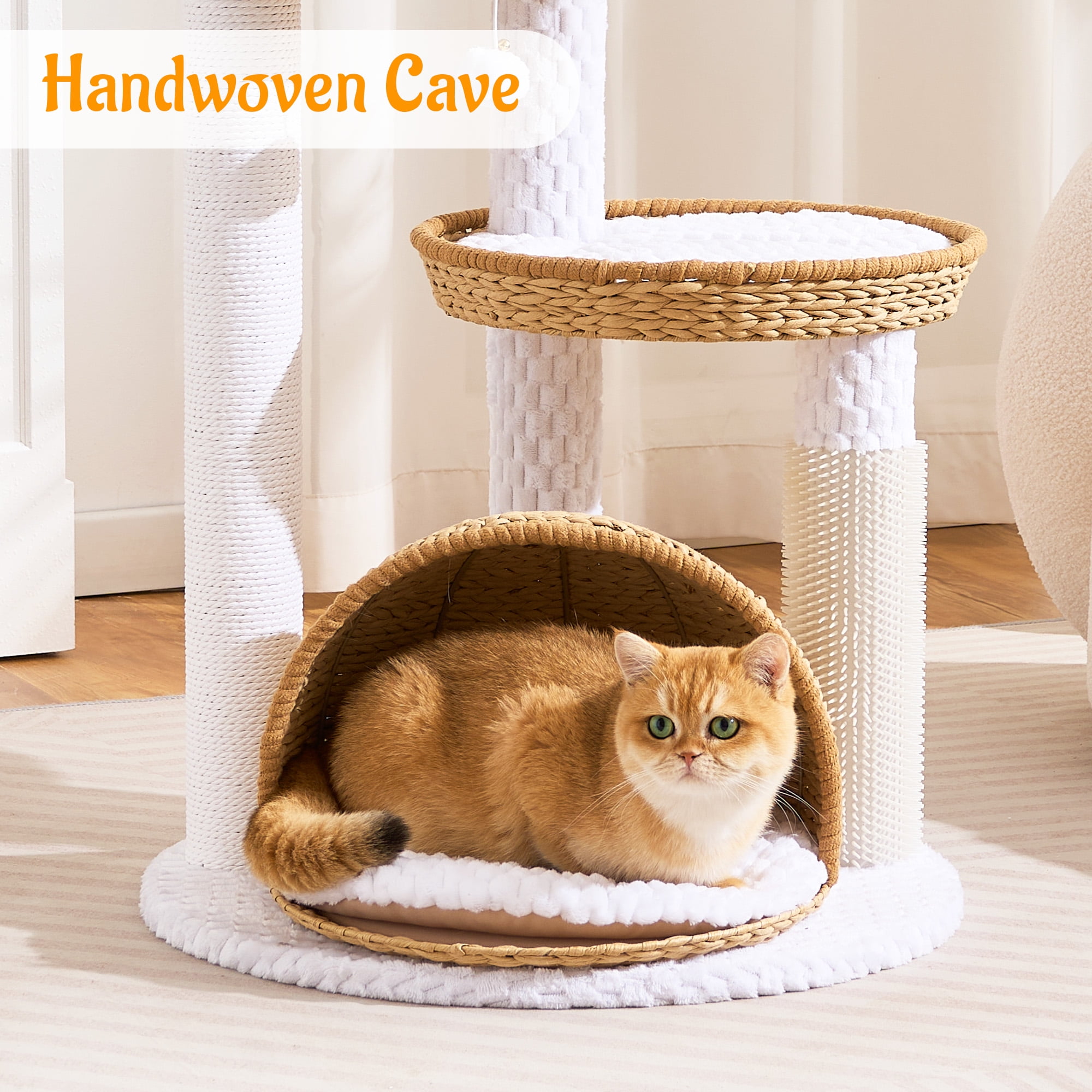 HITTITE Modern Cat Tree Tower with Scratching Post, 46 Inches Tall Cat Towers with Woven Cat Nests and Cave, Removable Cushions and Massage Brush for Indoor Cats Large Adult.