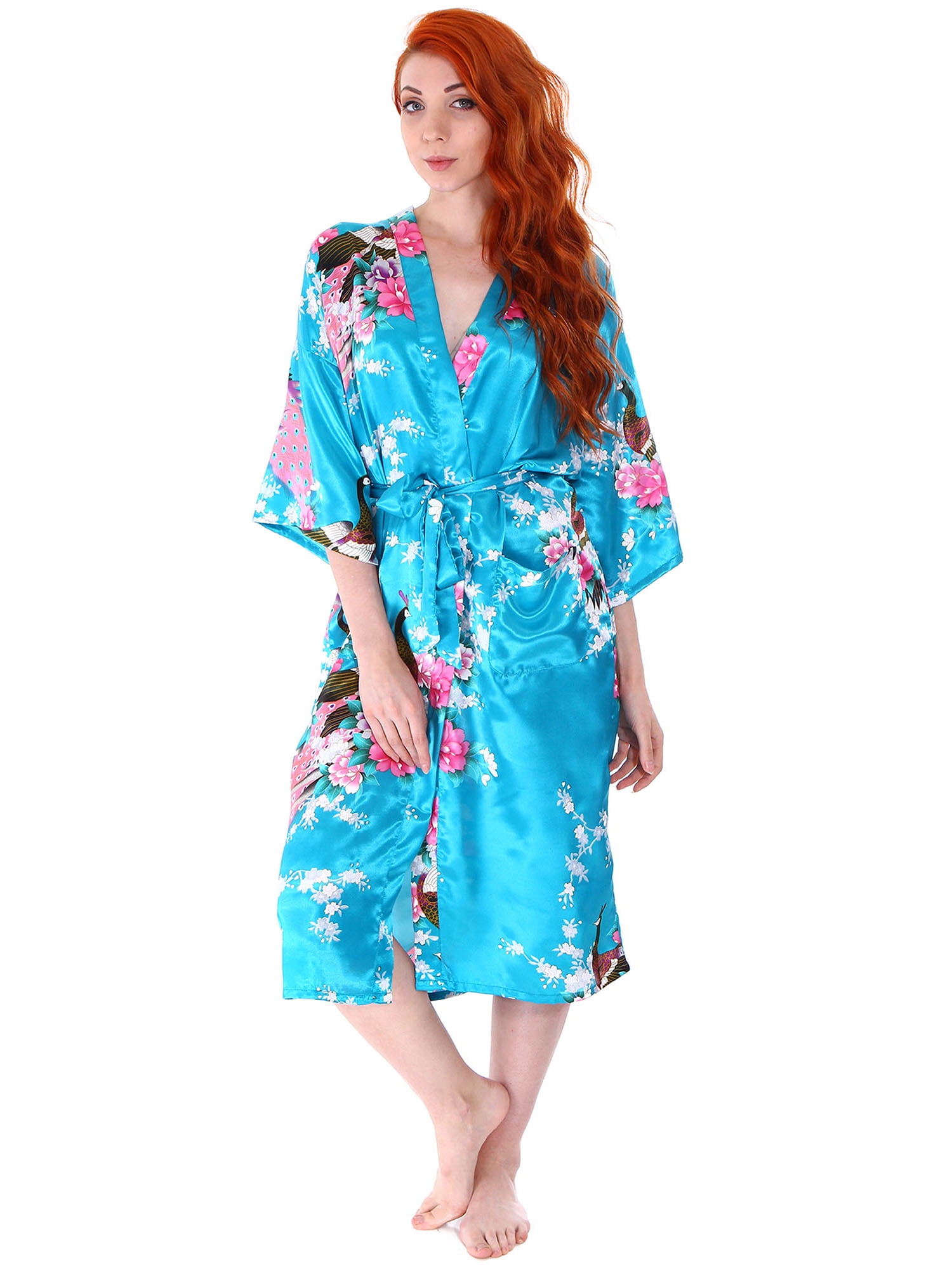 BASILICA Kimono Robes Peacock Blossoms Silk Satin Long Nightgown