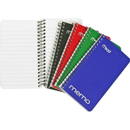 Mead Wirebound Memo Notebook - 60 Sheets - Wire Bound - 15 lb Basis Weight - 3" x 5" - White Paper - Black Binder - Assorted Cover - Cardboard, Nylon Cover - Stiff-back - 1 Each | Bundle of 5 Each