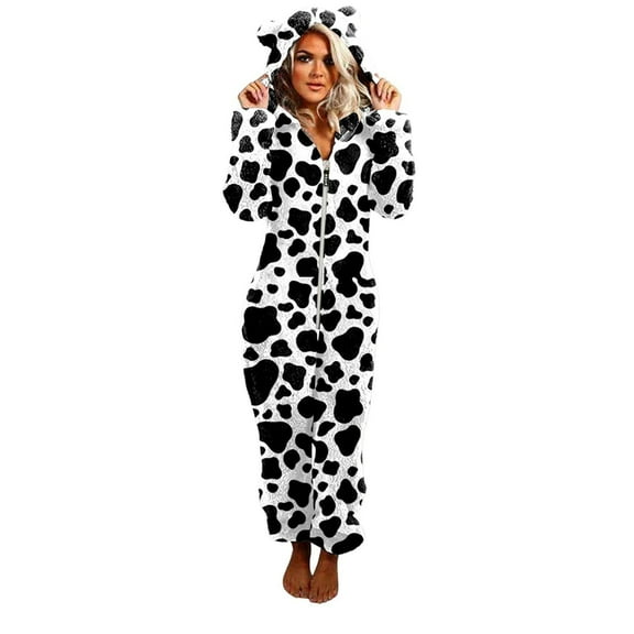 Ernkv Unisex Adult Leopard Onesie Hoody Pajamas Zipper Up Long Sleeve Plush Jumpsuit at Home White XXL