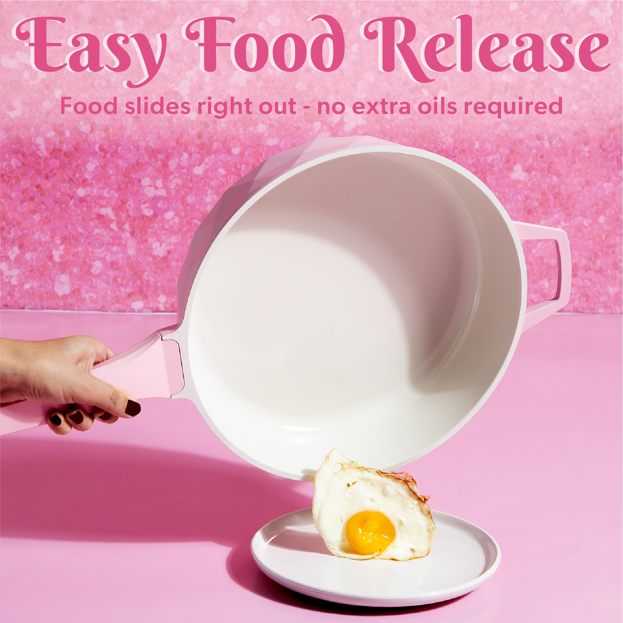 Paris Hilton 4 Quart Ceramic Nonstick Jumbo Cooking Pan Skillet for Sauteing & Frying with Heart Shaped Lid Knobs, Pink