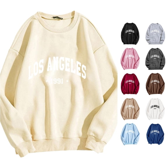 XIAONU Los Angeles 1991 Vintage Letter Print Sweatshirt For Women Oversized Crew Neck Beach Vacation Long Sleeve Pullover
