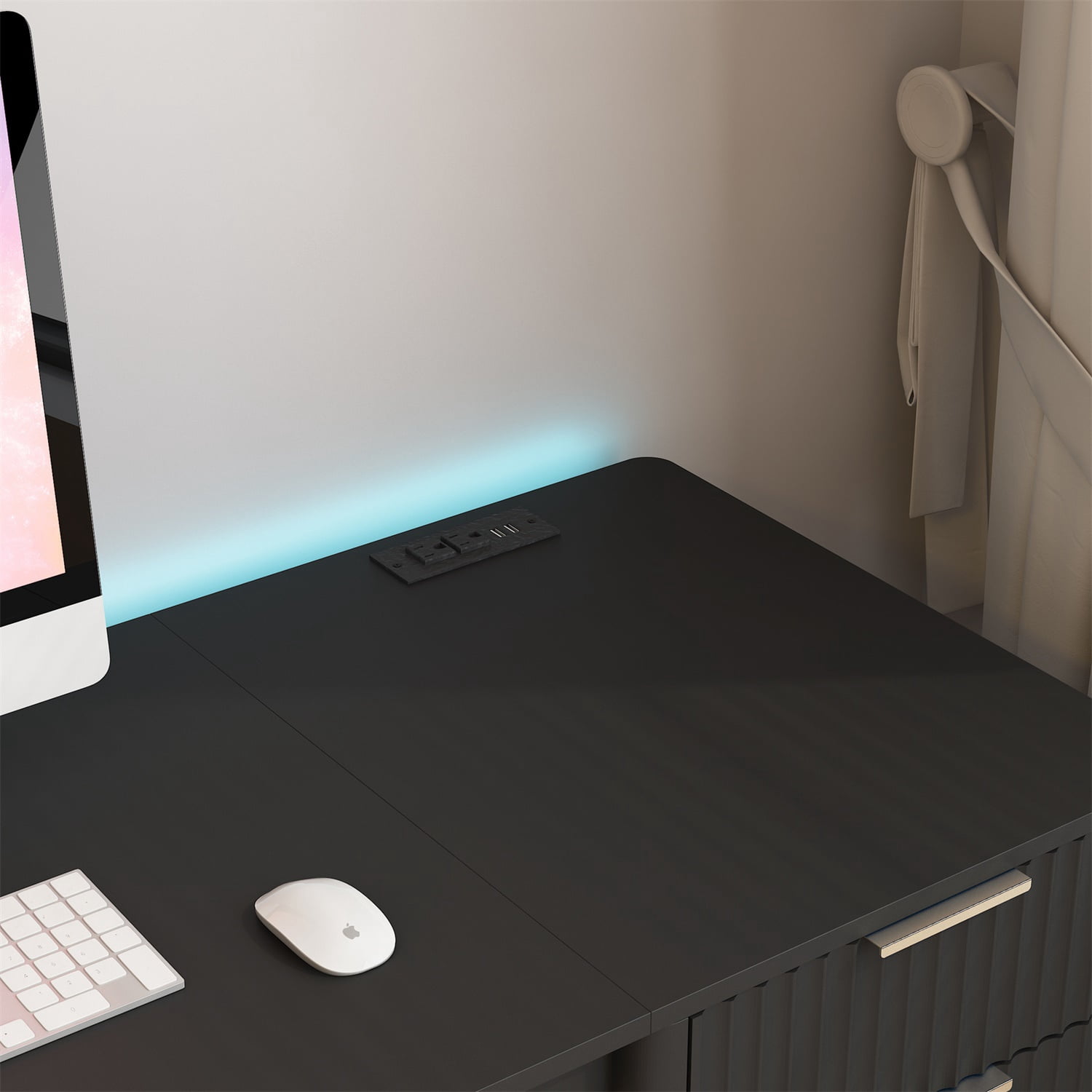 Hommoo Modern L Shaped Desk with Charge Station, LED Light and Storage, Computer Corner Desk,for Home and Office, Black
