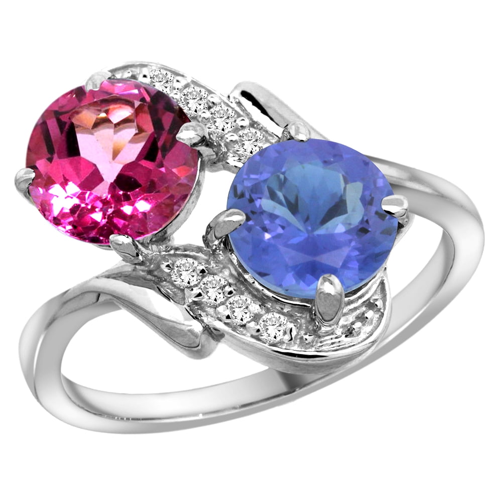 14k White Gold Diamond Natural Pink Topaz & Tanzanite Mother's Ring Round 7mm, size 5 by Gabriella Gold