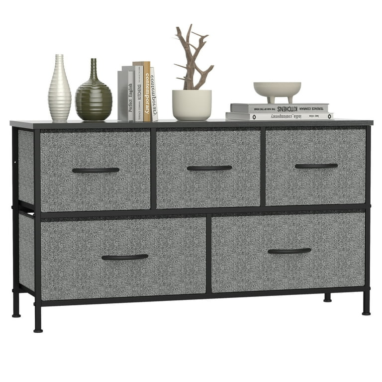 MCQ 5-Drawer Dresser,Storage Tower Organizer,Chest of Drawers with Fabric  Bin, Steel Frame, Wood Top for Bedroom, Closet, Entryway,Grey