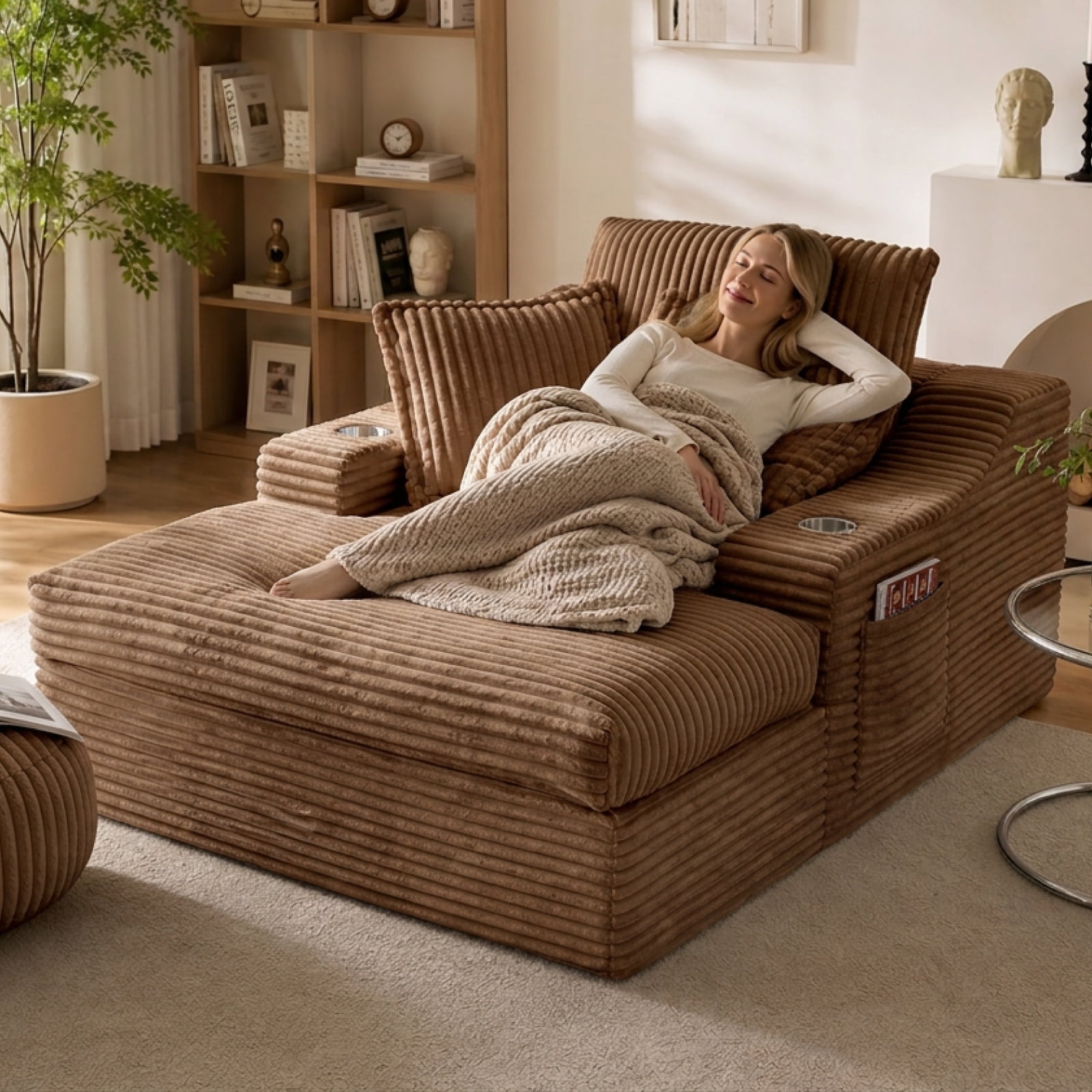 47" Wide Oversized Single Chaise Lounge Chair, 67'' Sleeper Sofa Bed with Cup Holders & 3 Pillows